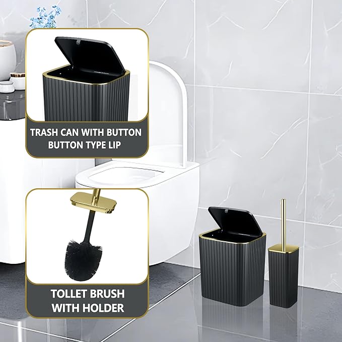 Bathroom Accessories Set-9PC Set with Toilet Brush, Trash Can, Soap Dispenser, Q-Tip Holder | Modern Home Bath Essentials (Black, Bath Set)