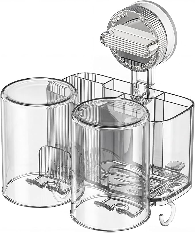 Clear Toothbrush Holder for Bathroom, Multi-Functional 2 Cups Toothbrush Organizer Wall Mounted with 2 Storage Slot and 2 Toothbrush Cups