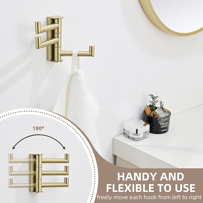 Angle Simple Towel Hook Swivel, SUS304 Stainless Steel 3 Arms Bath Towel Holder, Robe Hook Bathroom Wall, Brushed Gold