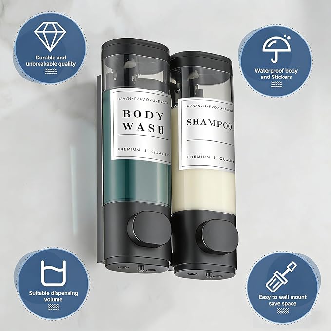 Shampoo and Conditioner Dispenser Bathroom Shower Soap Dispenser Wall Mounted Shampoo Dispenser for Shower Wall No Drill 2 * 300ml Black 2 Chamber with Waterproof Labels