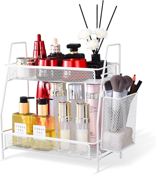 2024 upgraded Bathroom Organizer with Basket, 2-Tier Bathroom Tray for Countertop Storage Shelf, Vanity Organizer and Storage Kitchen Counter Organizers Spice Rack(White)