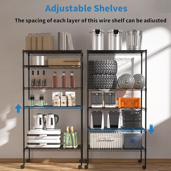 5-Tier Heavy Duty Storage Shelving Unit, Metal Shelves for Garage, Pantry, Kitchen Organization – Adjustable Wire Rack Shelf Organizer, 60"x30"x14", 1250lbs, Black