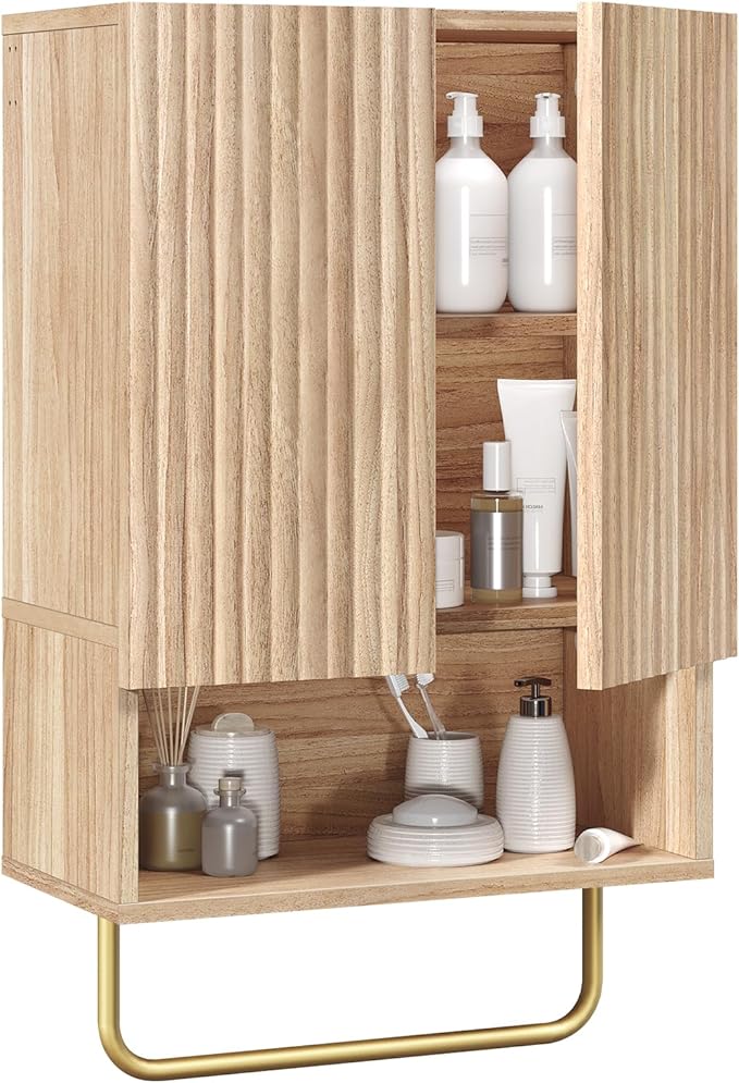 MAHANCRIS Bathroom Wall Cabinet, Wall Mounted Medicine Cabinets with Towel Bar & Adjustable Shelf, Over The Toilet Space Saver Storage Cabinet with 2 Doors, for Bathroom Laundry Room Kitchen, Natural