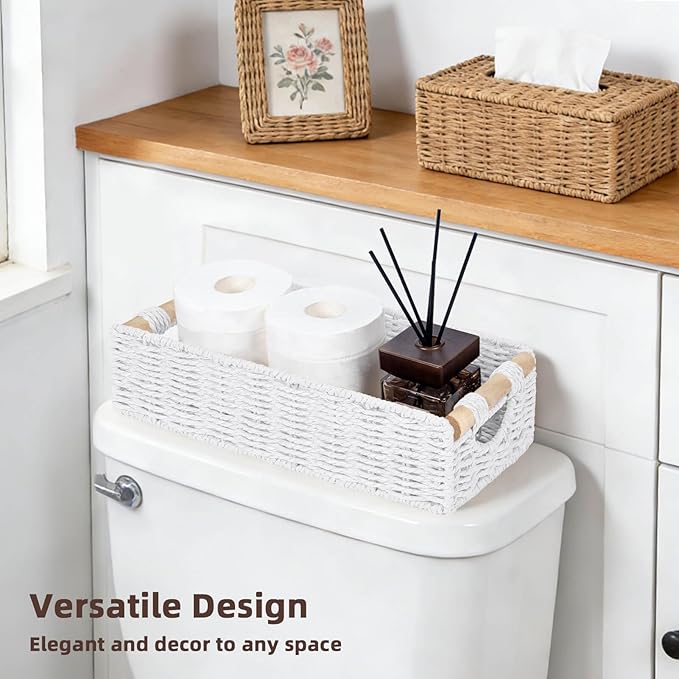 CubesLand Back of Toilet Storage Basket for Organizing w/Cut Out Handle, Handwoven Toilet Tank Top Paper Baskets, Wicker Decorative Basket for Countertop, Home Decor, Living Room, Nursery, White
