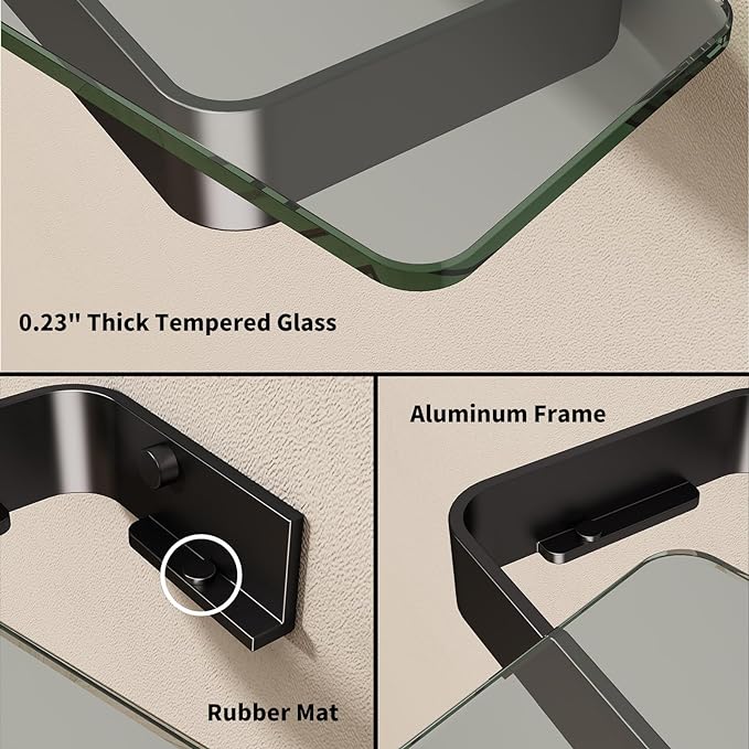 Danpoo 8-Inch Small Wall Shelf, Clear Tempered Glass with Matte Black Aluminum Frame – Sleek Floating Bathroom Organizer