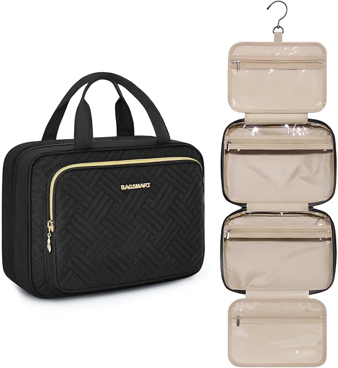 BAGSMART Hanging Travel Toiletry Organizer - Cosmetic Bag for Full Sized Toiletries, Basic-Black