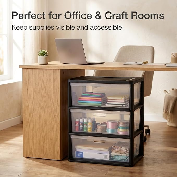 Wide 3 Drawer Plastic Storage Tower with Clear Removable Bins, 15.6" x 21" x 25.2" Organizer Unit with Drawer Stops and Easy-Pull Handles for Closet, Dorm, and Office Organization, Black
