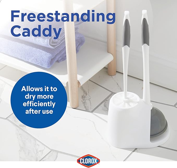 Clorox Toilet Plunger and Brush Bowl Set with Holder Caddy Storage for Cleaning Bathroom and Unclogging Toilets, White and Gray