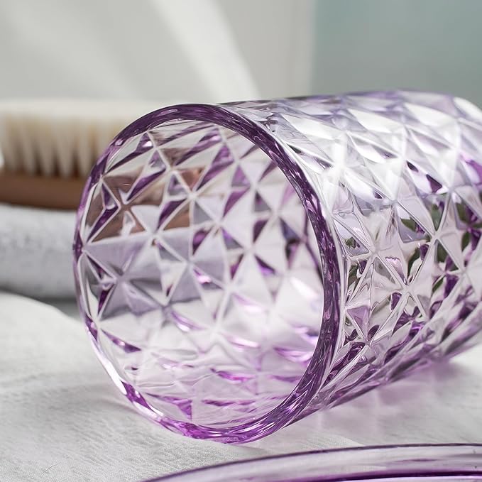 5PCS Bathroom Accessory Set,Purple Bathroom Countertop Organizer Set with Soap Dispenser, Toothbrush Holder, Tumbler, Q-tip Holder & Soap Dish,Elegant Functional Glass Set, Gift for Home & Apartment