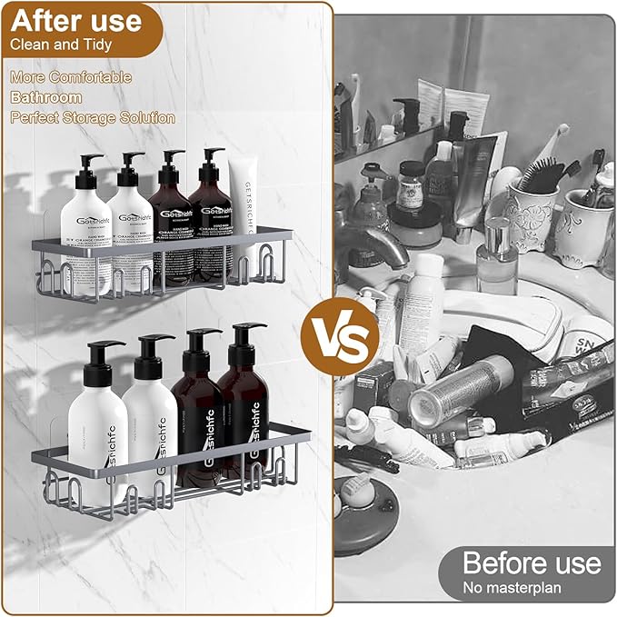 Getsrichfc Shower Caddy Adhesive, Rustproof Shower Shelves for Inside Shower, Large Capacity Bathroom Organizers and Storage, Shower Storage with Removable Hooks, No Drill Bathroom Accessories Grey