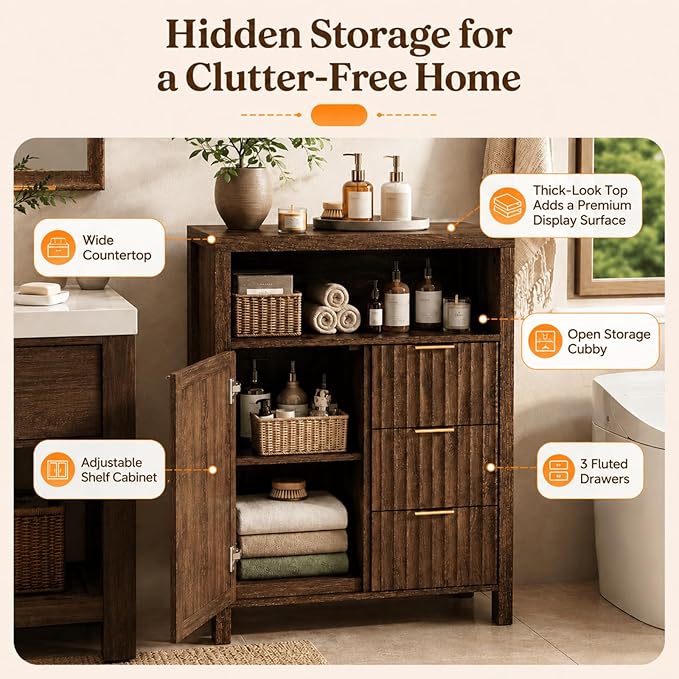 VINGLI Bathroom Floor Storage Cabinet with 3 Drawers, Modern 32" Freestanding Short Storage Organizer with Fluted Door & Adjustable Shelf, 12 Inch Deep Walnut Wooden Console for Small Space