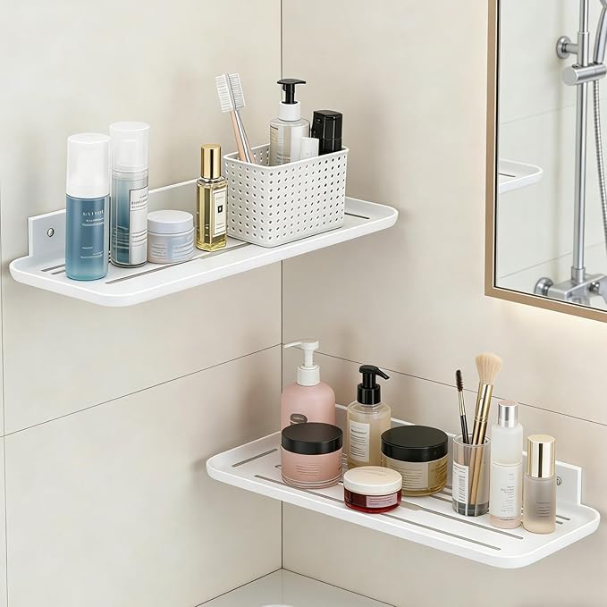 ACEXINYAN Wall Mounted Floating Shelf, Self Adhesive Shelf, No Drill Adhesive Wall Shelf, Floating Shelves Damage-Free Expand Walls Space for Living Room Kitchen Bathroom (2, White)
