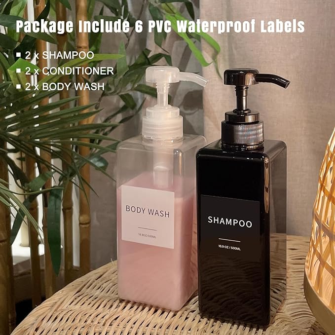 Shampoo and Conditioner Dispenser, Refillable Plastic Shampoo Pump Bottles with Waterproof Labels, Empty Body Wash Dispenser Set for Bathroom, Shower Soap Bottles (Clear, Set of 3, 16.9oz)