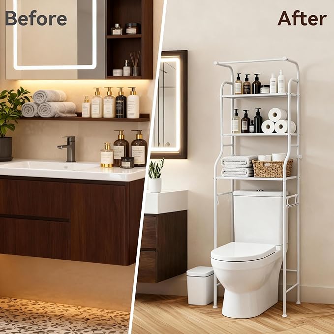 3-Tier Over The Toilet Rack,Bathroom Shelf Space Saver,Corner Stand Storage Organizer Accessories,The Over The Toilet Storage,with Hanging Rod,Tower Shelf,White(White-cgksj, one Size)