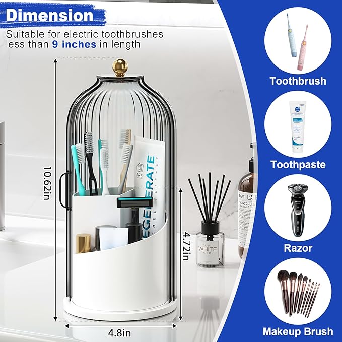 Dustproof Toothbrush Holders with Cover for Bathrooms, Rotating Covered Tooth Brush Holder for Bathroom Counter, Dust Proof Plastic Makeup Brush Holder Organizer with Sliding Lid for Vanity,Grey White