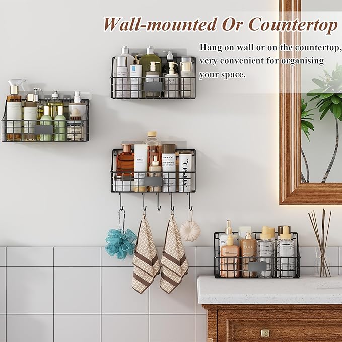 Sonyabecca Hanging Wall Wire Basket-4Pack,Large Metal Organizer Baskets & Bathroom Shower Shelf with 4 Adhesive Hooks+5 S Hook, Wall Mounted Baskets & Shelves for Bathroom, Kitchen Storage