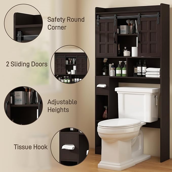 Halitaa Over The Toilet Storage Cabinet, Farmhouse Storage Cabinet Over Toilet with Sliding Doors，Home Space-Saving Toilet Rack, for Bathroom, Restroom, Laundry. Espresso