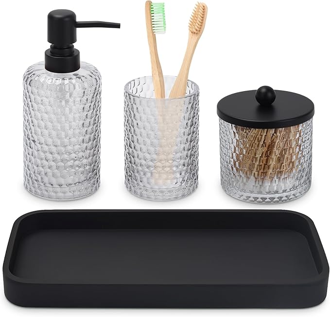 Bathroom Accessory Set,4 Pcs Clear Glass Bathroom Accessories Set-Lotion Soap Dispenser,Toothbrush Holder,Qtip Holder Dispenser & Resin Vanity Tray,Countertop Vanity Organizer,Crystal Clear