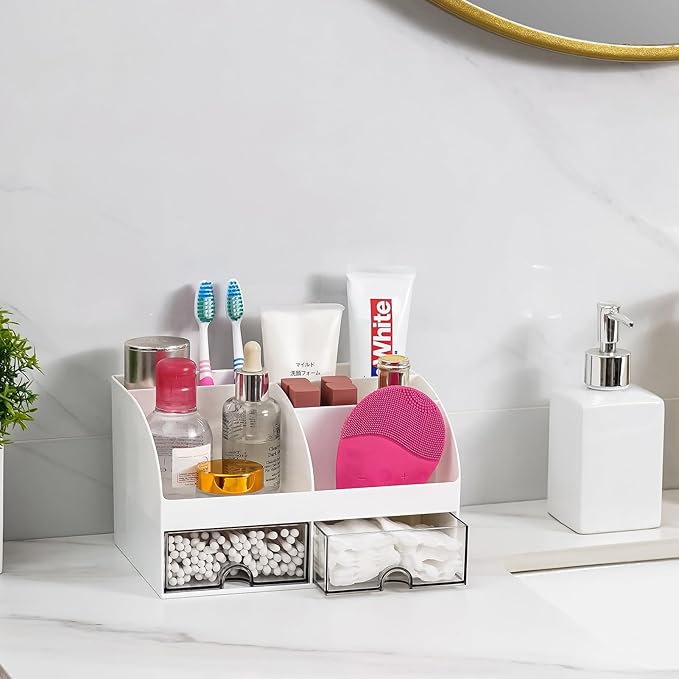 VITVITI Toothbrush Holders for Bathrooms Countertop, 5 Slots Toothpaste Bathroom Counter Sink Organizer with Drawers, Plastic Bathroom Organizer for Vanity/Makeup/Office White