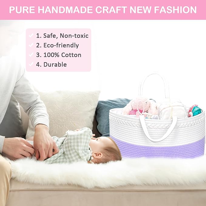 ABenkle X-Large Diaper Caddy Organizer, Boho Rustic Cotton Rope Nursery Baby Basket, Changing Table Organizer for Baby Diaper Storage and Baby Shower
