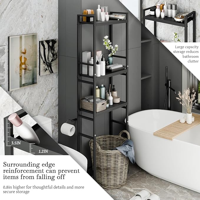 1 Set Over The Toilet Storage, 3-Tier Bathroom Laundry Storage Rack Space-Saving Organizer Household Supplies (Black-S)
