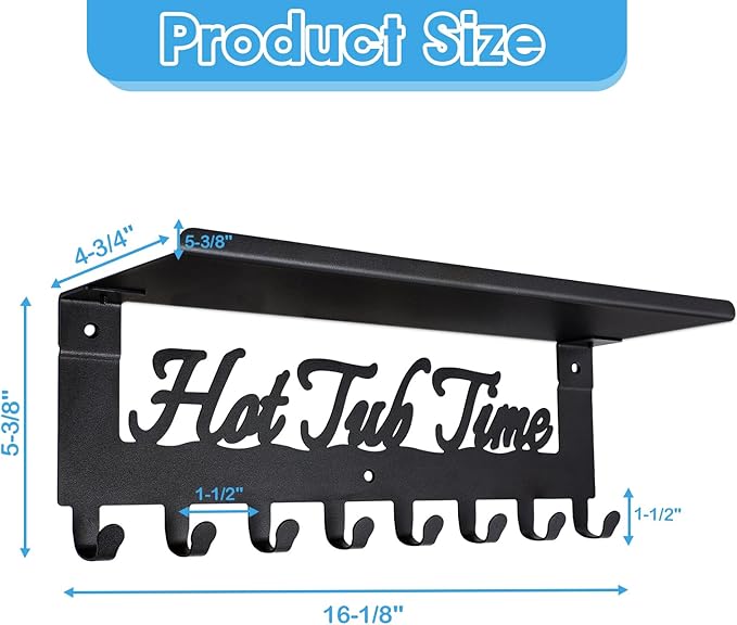 Towel Rack for Hot Tub with Shelf Bathroom Towel Holder 8 Hooks Towel Hanger Wall Mounted for Robes, Clothes, Towels - Hot Tub Accessories Outdoor