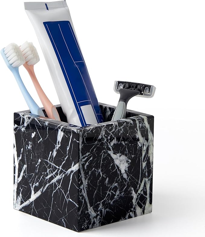 Real Luxurious Natural Marble Toothbrush Holder & Makeup Brush Organizer & Pen Holder for Desk,3.93inch Square Marble Utensil Holder Non-Ceramic/Non-Resin （Black）