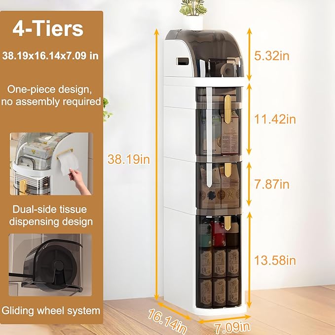 4-Tier Narrow Bathroom Storage Cabinet with Wheels & Tissue Box, 7.1 Inch Skinny Bathroom Cabinet Waterproof Organizer, Slim Storage Drawers for Toilet/Laundry/Kitchen