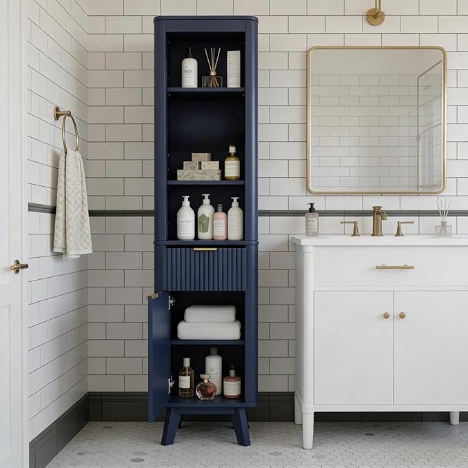 XIAO WEI 68" Tall Bathroom Storage Cabinet, Narrow Bathroom Storage Cabinets with 3 Adjustable Shelves, Slim Wooden Storage Cabinet with 1 Drawer & Door for Bathroom, Blue
