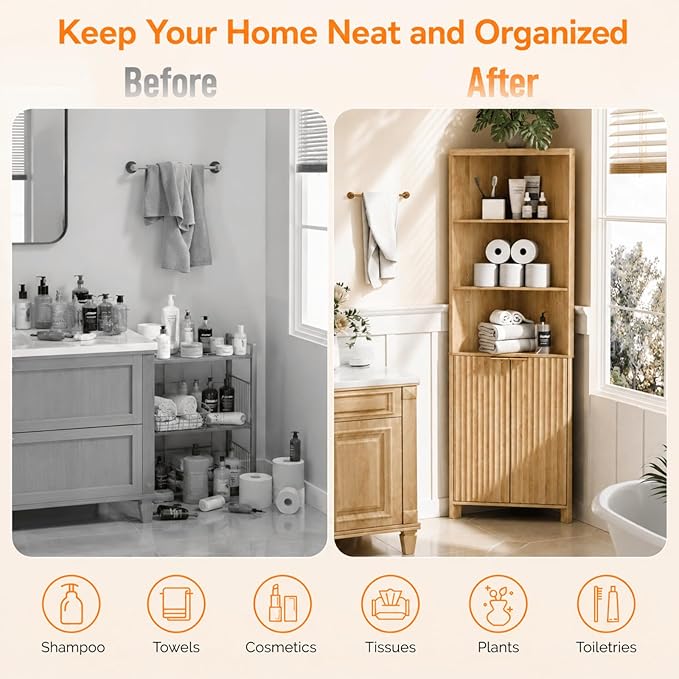 VINGLI 68" Tall Corner Cabinet with Fluted Door, Natural Oak Corner Storage Cabinet with Adjustable Shelves, Freestanding Bathroom Corner Cabinet with 30mm Thick-Look Top & Square Legs