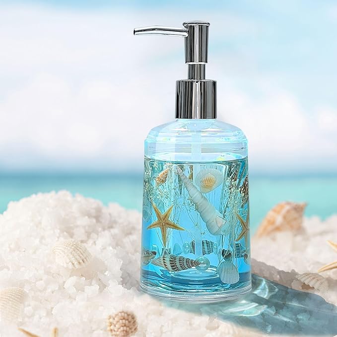 FONMY Soap Dispenser with Pump Acrylic w/Nature Seashell Handmade Bathroom Hand Soap Dispenser, Kitchen Refillable Liquid Dispenser for Soap,Dish Soap, Lotion (Blue)