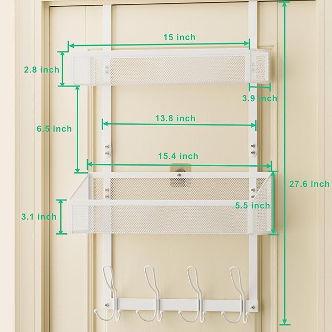 Hocookeeper Over the Door Organizer, Over The Door Hooks & Baskets - 12 Hooks & 2 Mesh Baskets Back of Door Storage Organizer for Bathroom, Kitchen, Bedroom (White)