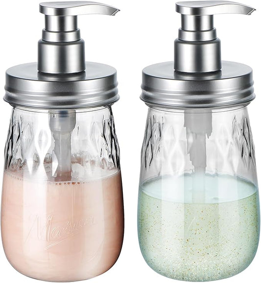 Amolliar Plastic Soap Dispenser with Pump Lid, 16 Oz Refillable Bathroom Hand Soap Dispenser Set, Clear Kitchen Liquid Dish Dispenser with Cute Lables for Farmhouse Shower (2 Pack, Silver)