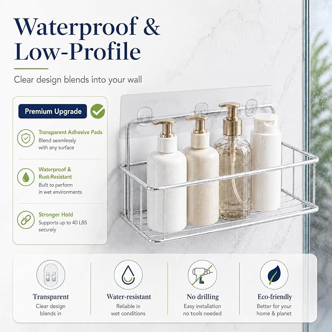 Strong Adhesive Shower Caddy Replacement, 6 Pack No Drill Adhesive Hooks for Bathroom & Kitchen Rack, Holds 40lbs, Waterproof & Transparent Strips for Tile, Glass, Smooth Walls