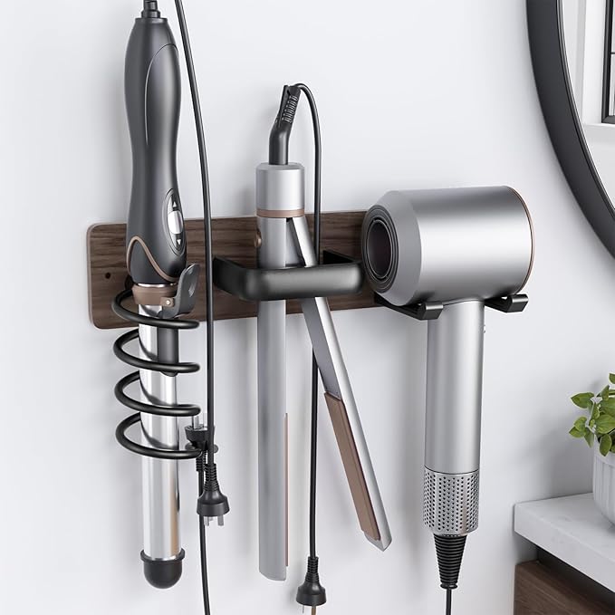 Tindbea Hair Dryer Holder Curling Iron Holder Flat Iron, Blow Dryer Holder Wall Mount, 3 in 1 Bathroom Hair Tool Organizer Rack for Universal Dryer, Walnut Matte Black