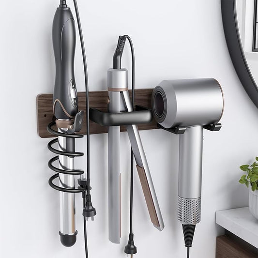 Tindbea Hair Dryer Holder Curling Iron Holder Flat Iron, Blow Dryer Holder Wall Mount, 3 in 1 Bathroom Hair Tool Organizer Rack for Universal Dryer, Walnut Matte Black