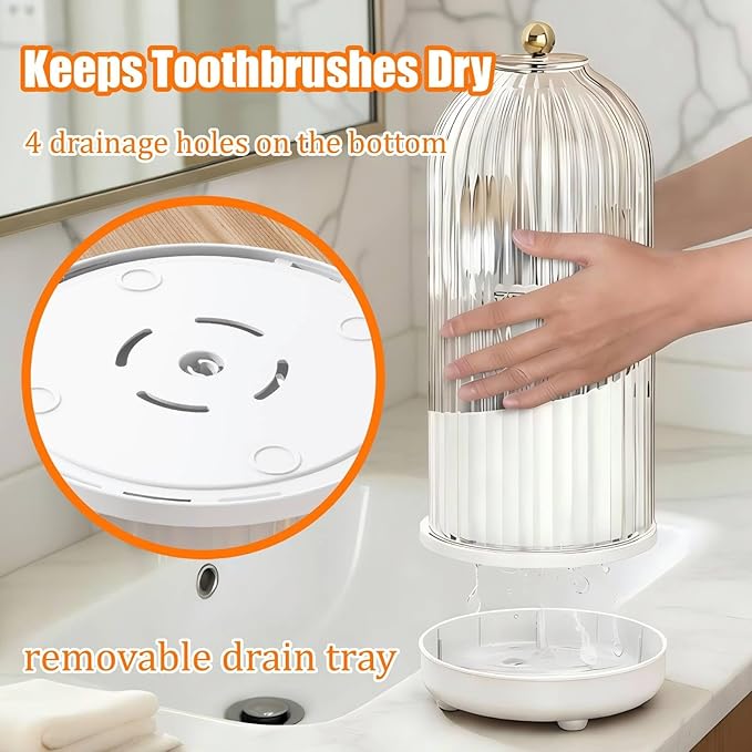 JEESA Toothbrush Holder Organizer, with Drainage Holes, with Dustproof Cover, 360 Rotating, 3 Slots, for Bathroom Countertop, White
