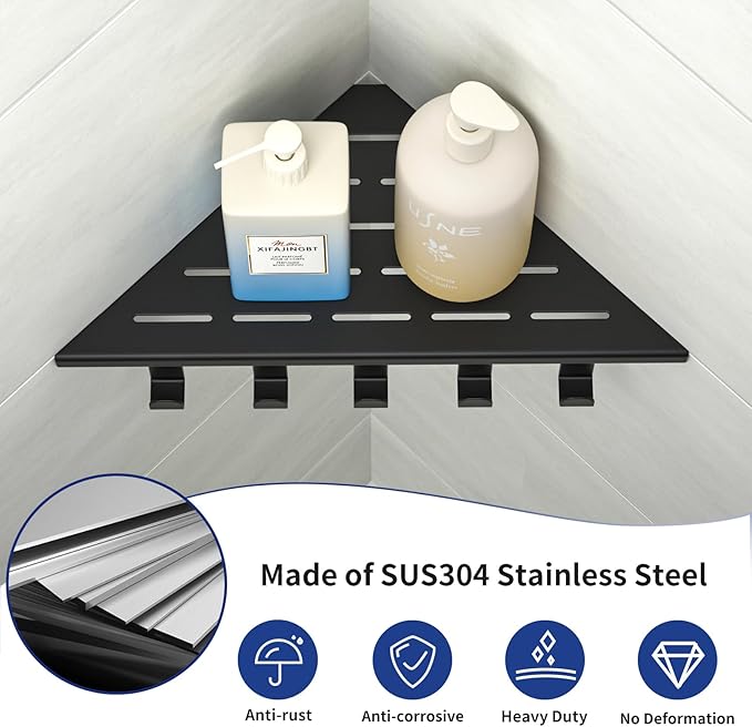 10'' Corner Shower Shelf, 304 Stainless Steel Shelves for Bathroom, Grout in Shelf with Hooks for Tiled Wall (Matte Black)