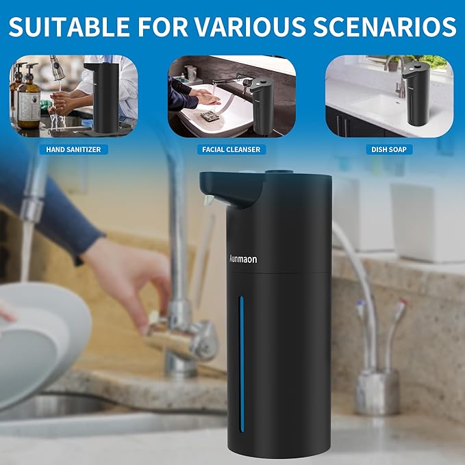 Aunmaon Automatic Soap Dispenser Touchless, Hands-Free, Multi Adjustable Volume, Long Battery Life, Compatible with Thick & Thin Dish/Hand Soap for Bathroom and Kitchen, Easy for Toddlers, Black