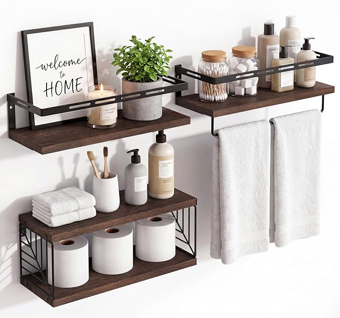 Fixwal Wall Mounted Bathroom Shelves Over Toilet, Rustic Wood Floating Shelves with Metal Frame and Towel Bar for Bathroom, Kitchen, Bedroom, Living Room (3 Plus 1 Dark Brown)