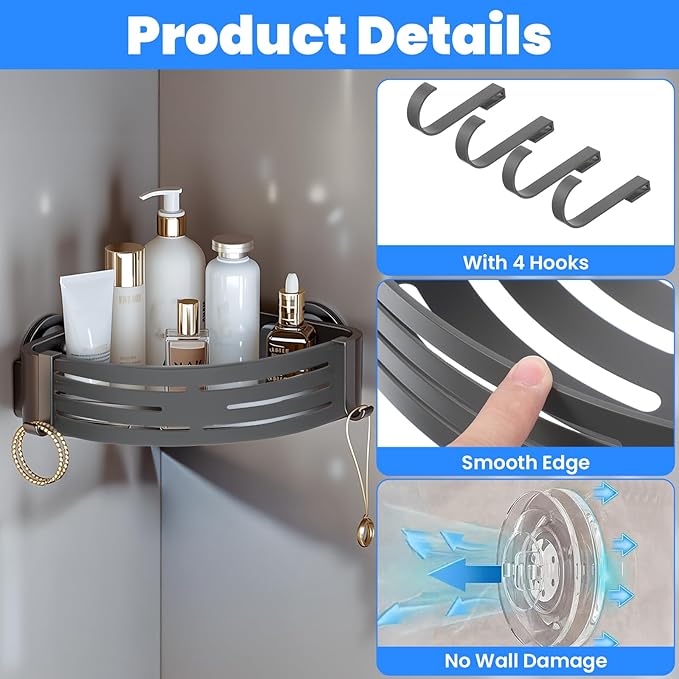 Corner Shower Caddy Suction Cup, Rust-proof aluminum alloy With 4 hooks No drilling required Removable Waterproof Nathroom Storage Rack for Shampoo, Shower Gel, Razors (Grey 1Pack)