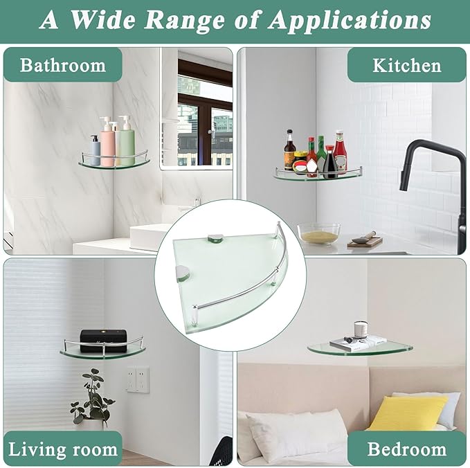 2 Pack Glass Corner Shelf, Corner Shower Shelf with Stainless Steel Rails, Tempered Glass Shower Caddy, Wall Mounted Glass Shelf for Bathroom Organization, 9.25x9.25x0.24 in, Silver