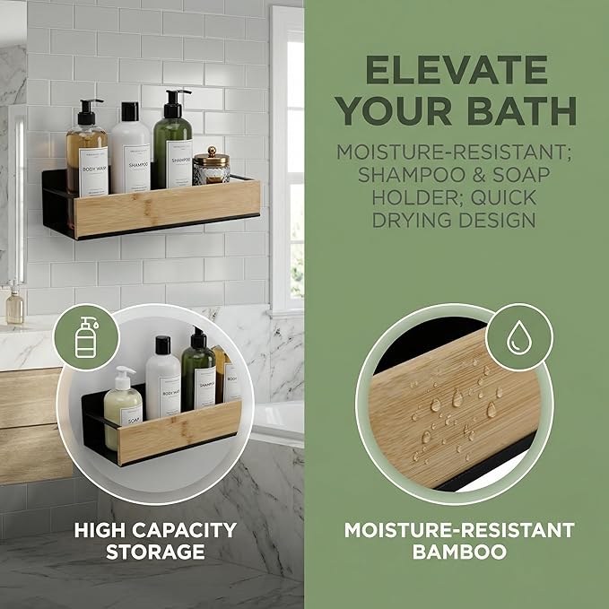 Wall Mount Organizer,Adhesive Metal Shelf with Bamboo Lip,Bathroom Shelves for Wall,Self Adhesive Organizer,Shower Caddies,No Drilling Stick-on Wall Rack,for Bathroom,Kitchen,Living Room (Black)