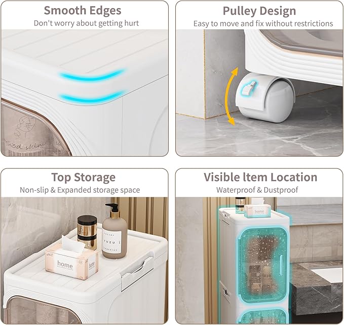 Neathub 4-Tiers Slim Bathroom Storage Cabinet, Foldable Storage Cabinets,Narrow Bathroom Storage,Movable Bathroom Storage Organizer for Small Spaces,Bathroom,Kitchen,Laundry,White