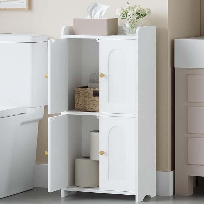 HEXCELEN Small Storage Cabinet, Bathroom Storage Cabinet with 4 Doors, Floor Bathroom Organizer Freestanding for Small Spaces, Living Room, Kitchen, Entryway (Mediterranean, White)
