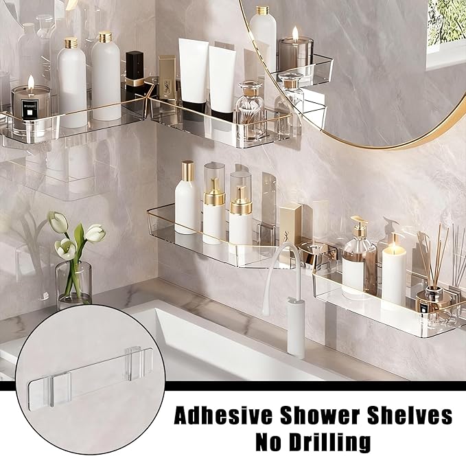 Corner Acrylic Shower Caddy, 2 Pack Shower Shelf Adhesive with 1 Pack Soap Dish, No Drilling Bathroom Organizer, Wall Shelves for Bathroom