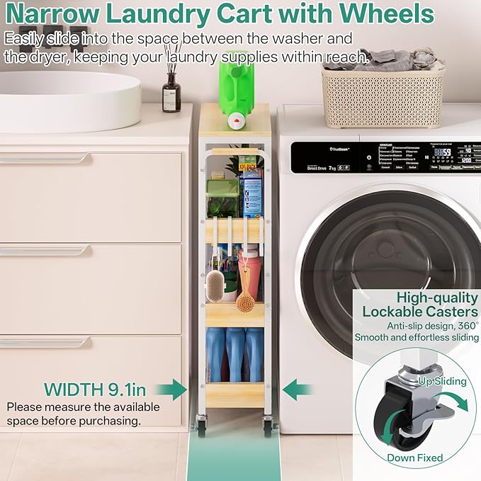 DTUQYX Slim Bathroom Storage Cart, 4 Tier Small Rolling Organizer Cabinet with Wood Top Handle, Mobile Shelving Unit Slide Out for Office, Kitchen, Laundry Room & Narrow Places (9.1" Overall Width)