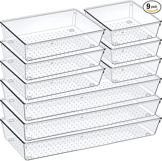 9 Pack Clear Plastic Drawer Organizer Set, Acrylic Non Slip Non Cracking Kitchen Drawer Storage Tray Large Size Divider, Multifunctional Storage for Cosmetics, Bathroom, Tools, Kitchen and Office