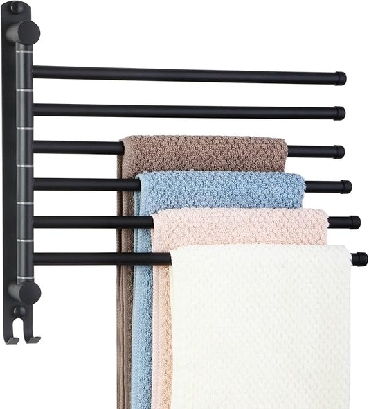Space Saving Towel Rack JSVER Black Space Saving Towel Holder, Towel Rack Wall Mounted, Swivel Hand Towel Holder, 6-Arms Towel Bar, Towel Racks for Bathroom