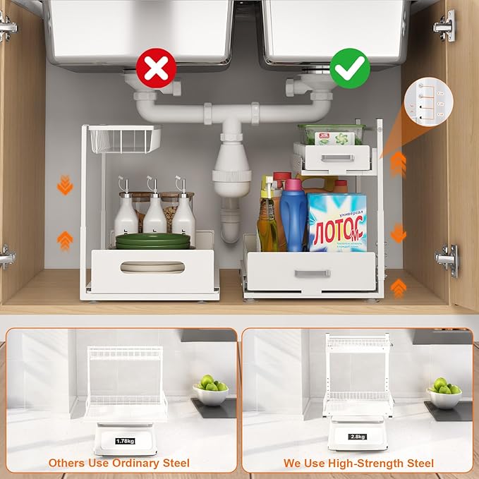 2 Pack Under Sink Organizer, 2 Tier Slide Out Cabinet Organizer with Pulley, Height Adjustable Pull Out Shelf for Kitchen, Bathroom, Laundry and Utility Storage, White